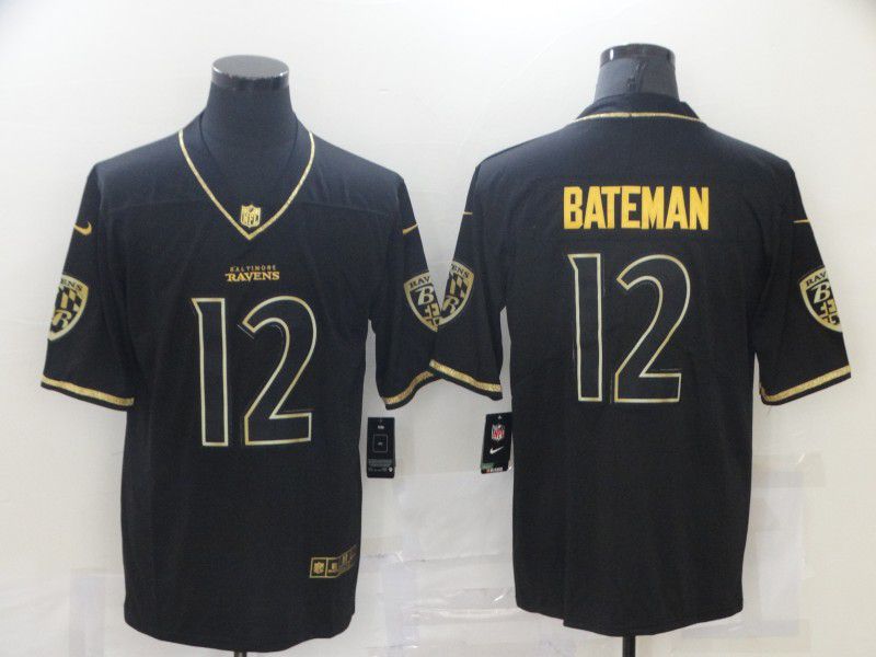 Men Baltimore Ravens #12 Bateman Black Retro Gold Lettering 2021 Nike NFL Jersey